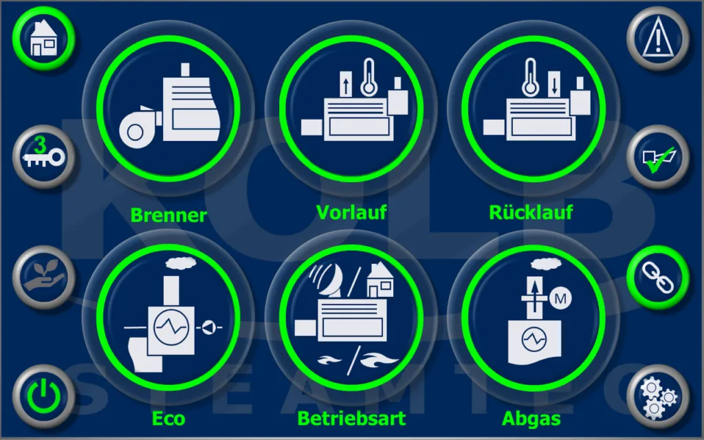 KolbKesselSteuerung KKS: Touch-Oberfläche mit Regelkreisen Brenner, Vorlauf, Rücklauf, Eco, Betriebsart und Abgas